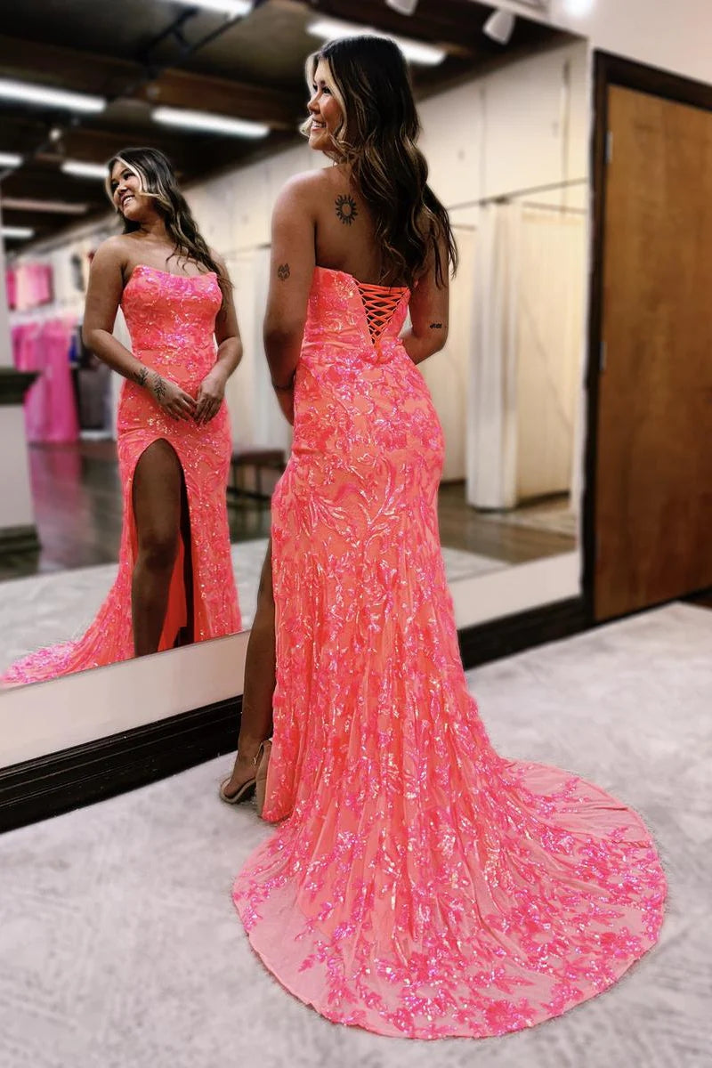 Charming Mermaid Strapless Coral Sequins Lace Long Prom Dress with Slit