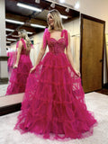 Elysia | Fairy A-Line Sweetheart Fuchsia Tiered Tulle Long Prom Dress with Appliques