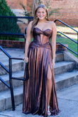 Cute A Line Sweetheart Brown Sparkly Satin Long Prom Dresses with Slit