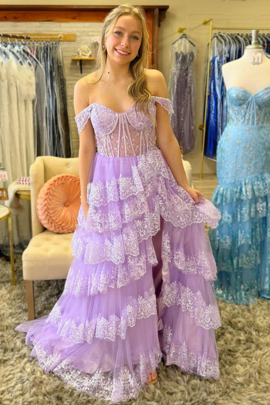 Seraphina | Charming A-Line Off-the-Shoulder Light Purple Tiered Tulle Long Prom Dress with Slit