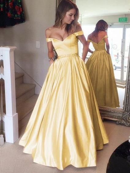 Viviana | Glamorous A line Ball gown Satin Off the shoulder Prom Dress with Beaded belt JB121107