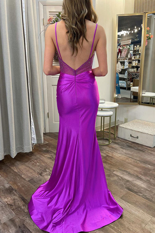 Olive | Purple Sweetheart Satin Mermaid Long Prom Dress with Slit