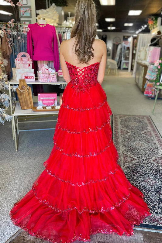 Charm | Cute A-Line Scoop Neck Red Tulle Tiered Prom Dress with Beading