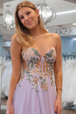 A-Line Lilac Strapless Tulle Long Prom Dresses with Appliques