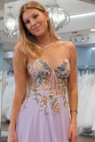 A-Line Lilac Strapless Tulle Long Prom Dresses with Appliques