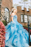 Blue Off the Shoulder Ruffle Tiered Tulle Long Prom Dresses with Appliques