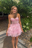 Lila | Cute A-Line Sweetheart Pink Organza Short Homecoming Dress with Appliques