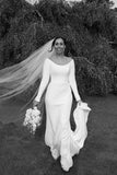 Elegant Mermaid Scoop Neck Satin Long Bridal Dresses with Sleeves