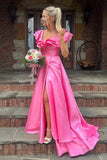 Romantic V-neck and A-Line Satin Prom Dress with Slit