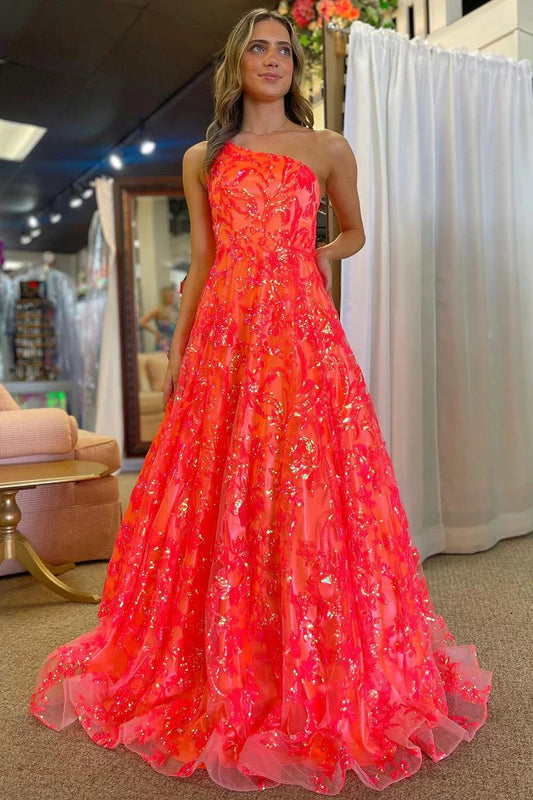 Aurora | Elegant Orange A-Line Tulle One-Shoulder Prom Dress with Appliques JB120327