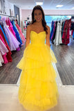 Sunny | Cute Ball Gown Strapless Yellow Tulle Tiered Prom Dress