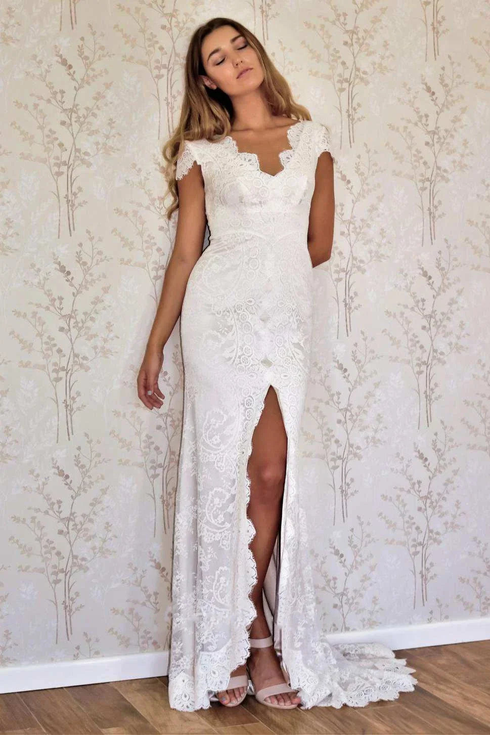 Vivienne | Cap Sleeve Satin Lace Mermaid Wedding Dress with Front Split