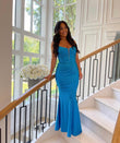 Jordyn | Beaded Satin Mermaid Long Prom Dress with Spaghetti Straps