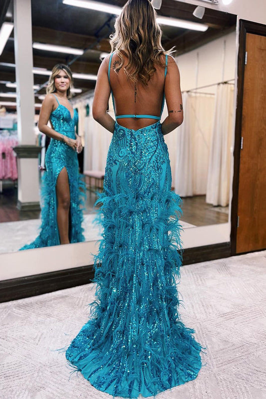 Sonia | Jade V-Neck Mermaid Prom Dress with Sequin Lace and High Slit