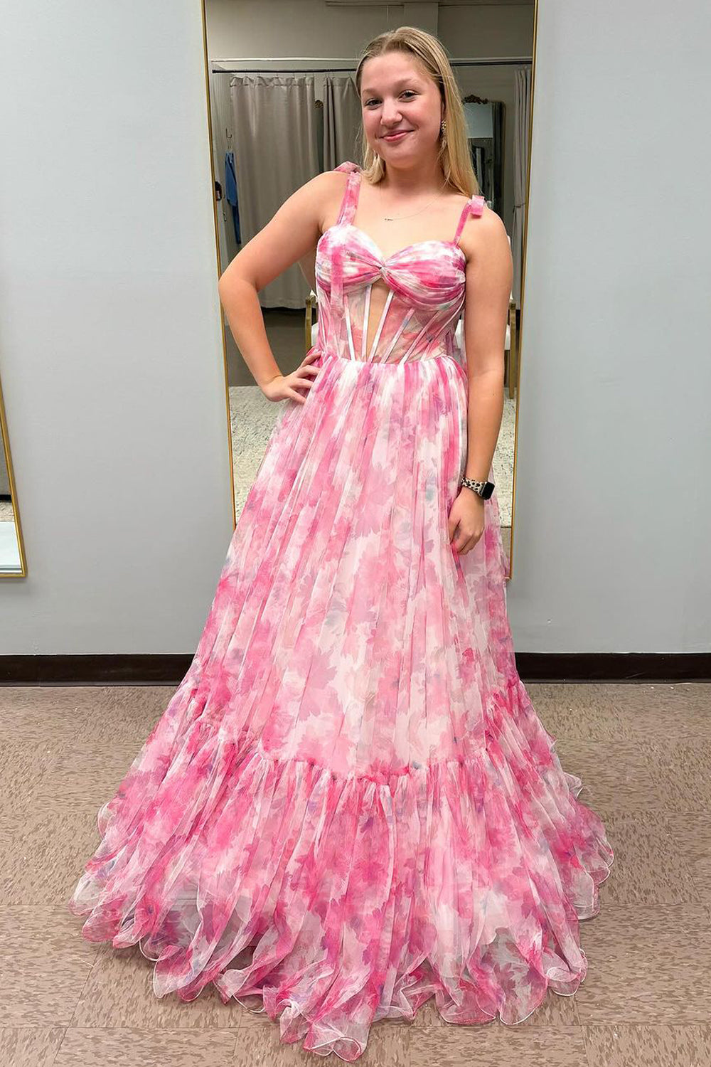 Cute A Line Sweetheart Pink Printed Chiffon Long Prom Dresses