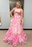 Cute A Line Sweetheart Pink Printed Chiffon Long Prom Dresses