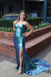 Luminous Grace | Sparkly Mermaid Sweetheart Keyhole Metallic Satin Prom Dress with Slit