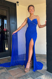 Isabella | Charming Mermaid One-Shoulder Royal Blue Chiffon Long Prom Dress with Beading