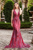 Celeste | Elopement Dark Red Mermaid Sequins Deep V-Neck Prom Dress with Appliques JB24122805