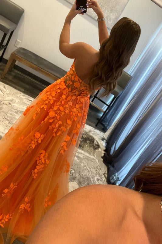 Amara | Elegant Orange A-Line Tulle Strapless Prom Dress with Lace JB120917