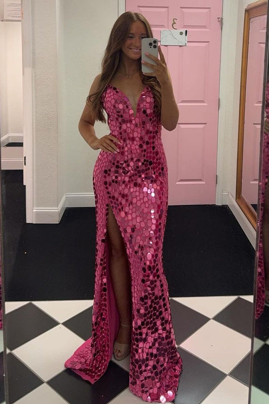 Gorgeous Mermaid V Neck Hot Pink Beading Sequins Long Prom Dresses with Slit