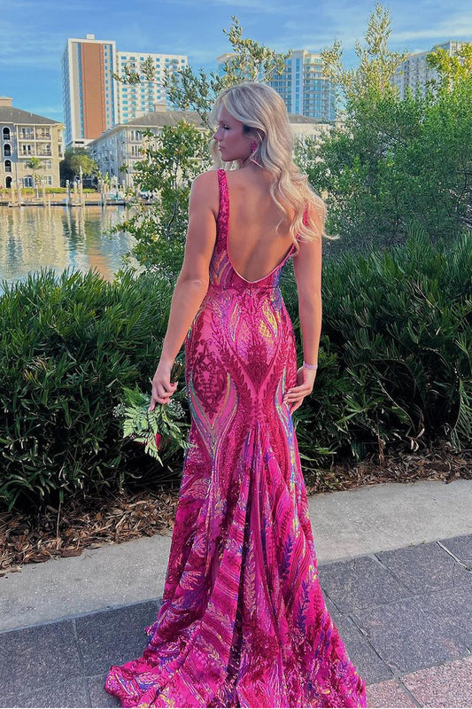 Lila | Charming Mermaid V-Neck Fuchsia Sequins Long Prom Dress