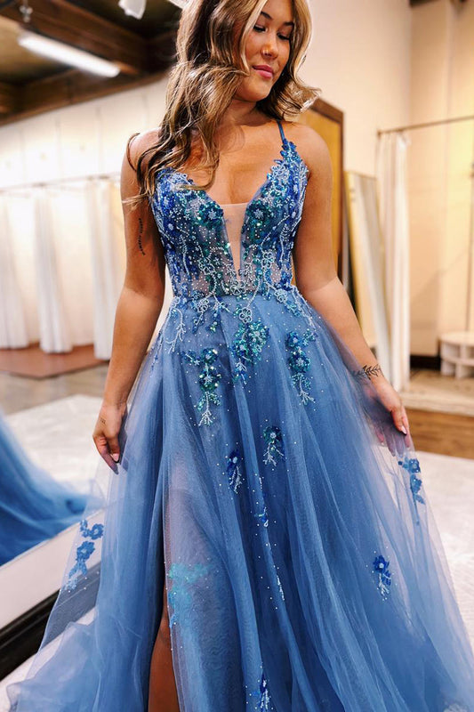 Fairy-Inspired A-Line V-Neck Dusty Blue Tulle Long Prom Dress with Beading