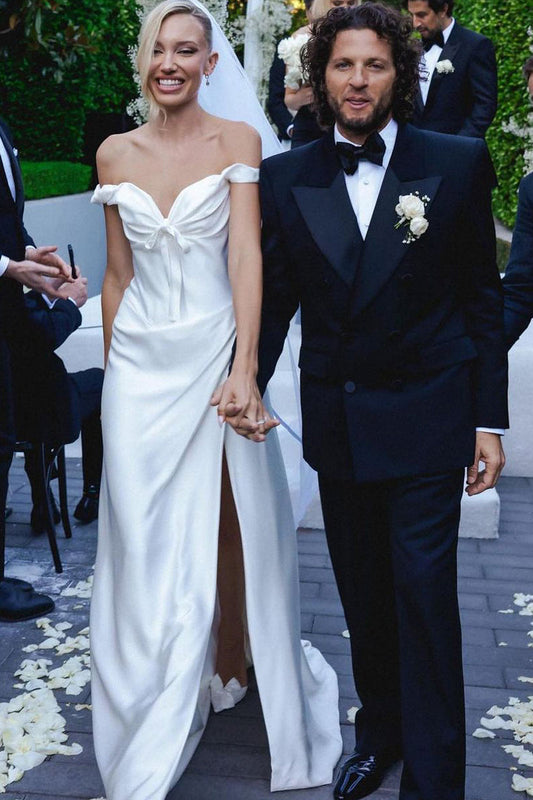 Simple Off-the-Shoulder A-Line White Satin Wedding Dress