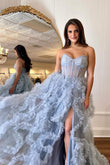 Blue Strapless Ruffle Tulle A-Line Long Prom Dresses with Slit