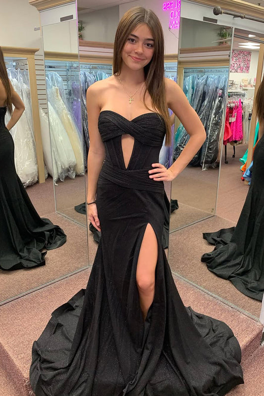 Sweetheart Keyhole Black Satin Mermaid Prom Dress with Slit