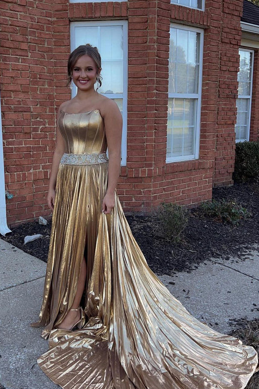 Aurora | Charming A-Line Scoop Neck Gold Satin Long Prom Dress with Beading