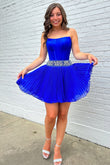 Ava | Cute A-Line Strapless Royal Blue Chiffon Short Homecoming Dress with Beading