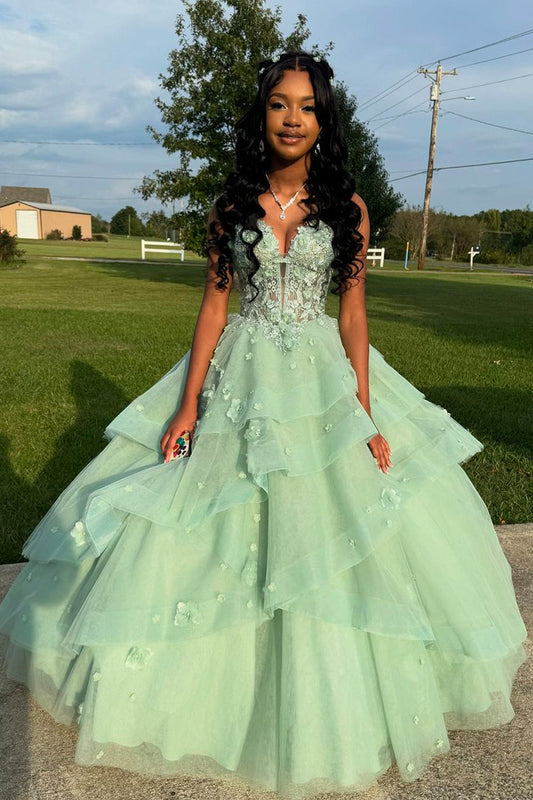 Isabella | Cute Ball Gown Sweetheart Sage Green Tulle Long Prom Dress with Appliques