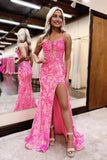 Charming Mermaid V-Neck Pink Sequin Long Prom Dress with Slit