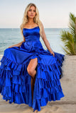 Elegant A-Line Strapless Satin Prom Dress with Chic Tiered Skirt