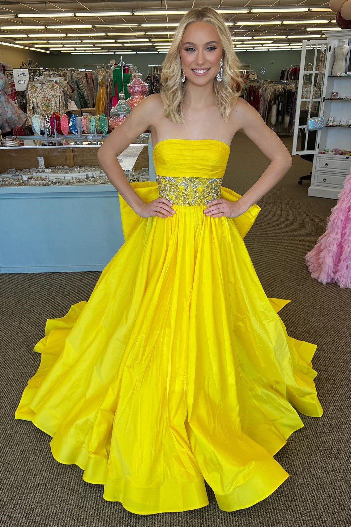 Cute Ball Gown Yellow Satin Long Prom Gown with Beading