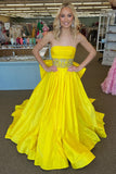 Cute Ball Gown Yellow Satin Long Prom Gown with Beading