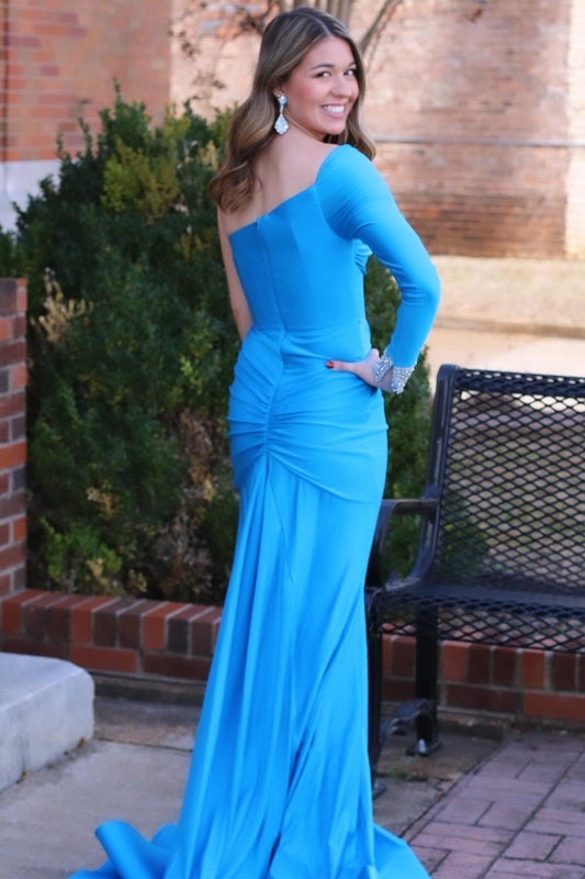 Charming Mermaid Blue One-Sleeve Long Sleeves Prom Dresses with Slit