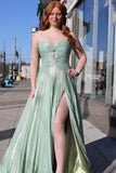 Charming A-Line Sweetheart Pleated Metallic Satin Long Prom Dress with Slit