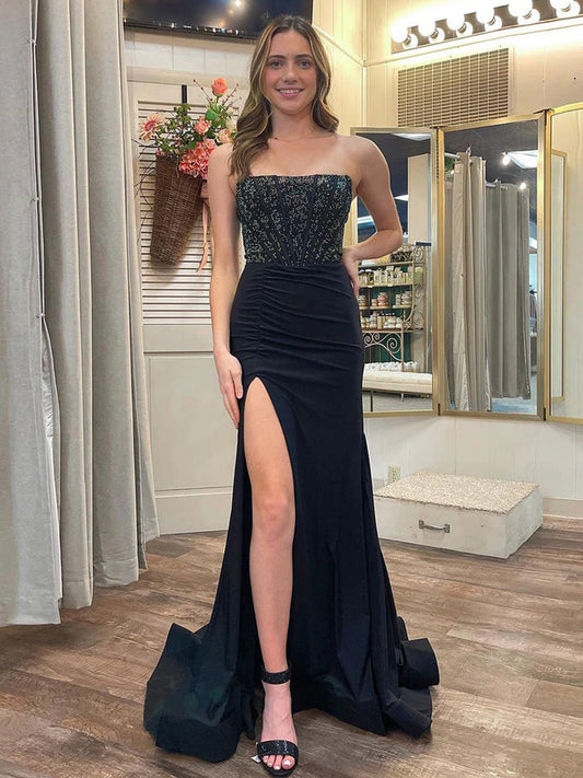 Cute Mermaid Strapless Black Satin Slit Long Prom Dresses With Beading