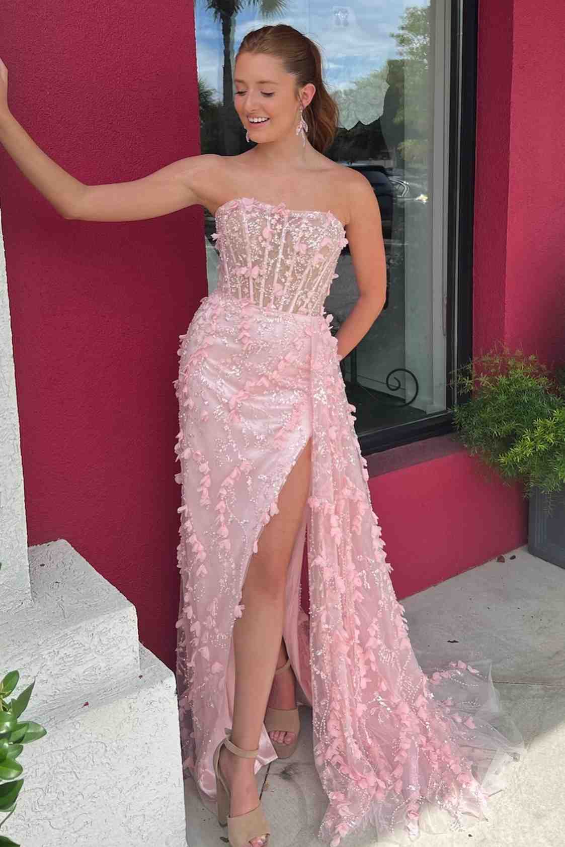 Valeria | Cute Sheath Pink Strapless 3D Floral Lace Prom Dress