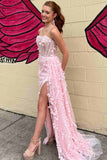 Valeria | Cute Sheath Pink Strapless 3D Floral Lace Prom Dress