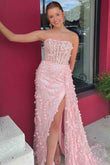 Valeria | Cute Sheath Pink Strapless 3D Floral Lace Prom Dress