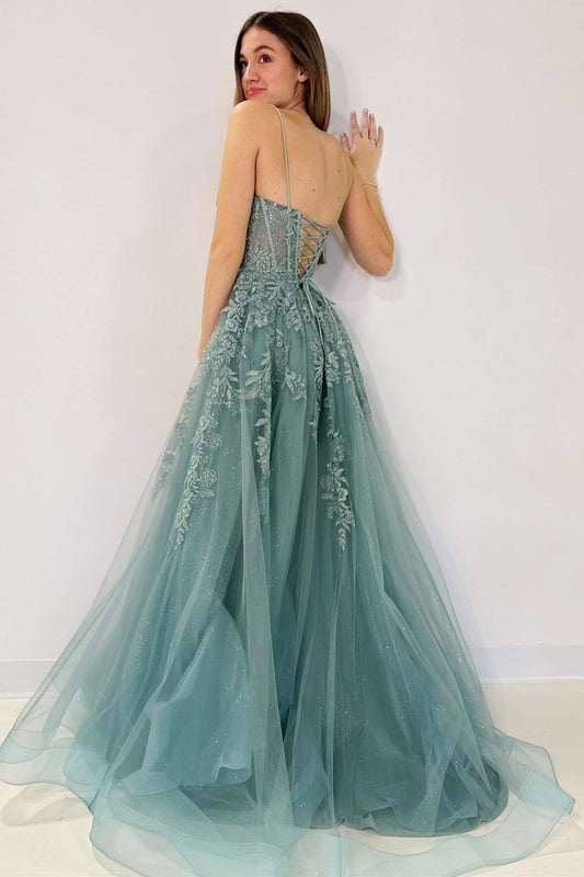 Cute A Line Tulle Appliques Lace-Up Long Prom Dress