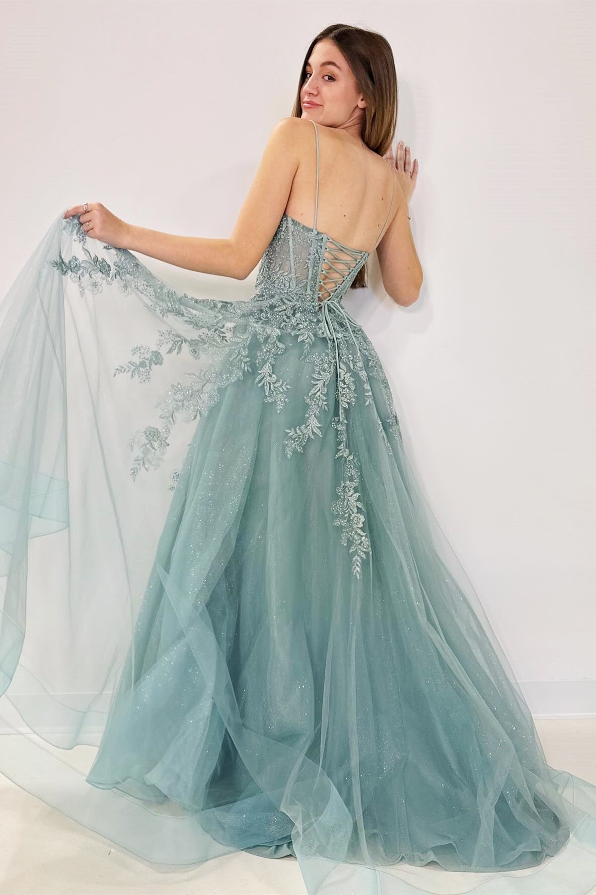 Cute A Line Tulle Appliques Lace-Up Long Prom Dress