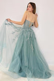 Cute A Line Tulle Appliques Lace-Up Long Prom Dress