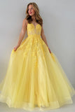 Cute A Line Tulle Appliques Lace-Up Long Prom Dress