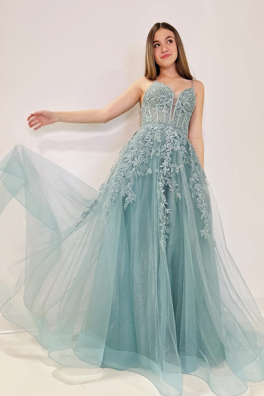 Cute A Line Tulle Appliques Lace-Up Long Prom Dress