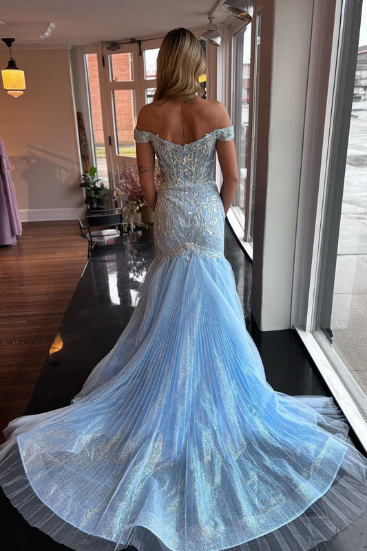 Elegance | Gorgeous Mermaid Off-the-Shoulder Light Blue Satin Prom Dress with Sequin Appliques