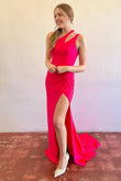 Patrice | Red Satin Mermaid Long Prom Dress with One-Shoulder Design and Slit